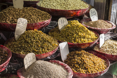 High angle view of various spices for sale