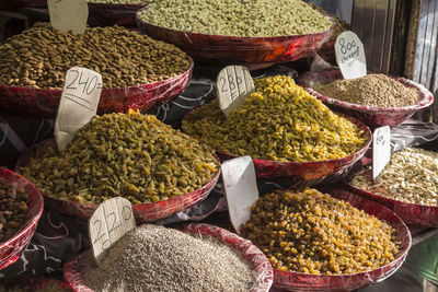 Herb and spice display for sale in front of shop in spice market in old delhi, delhi, india