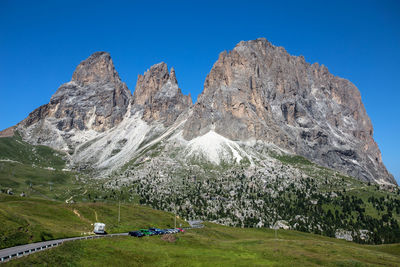 Scenic view of mountains against clear blue sky