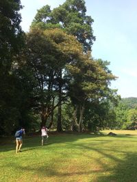 Rear view of men walking on golf course