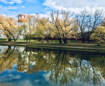 Reflection of trees in lake against sky in park