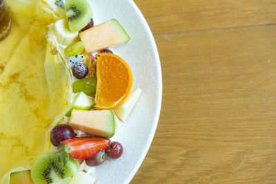 High angle view of breakfast served on table