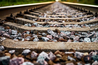 Railway track line going into distance, beautiful landscape. railroad in crushed stones, rails