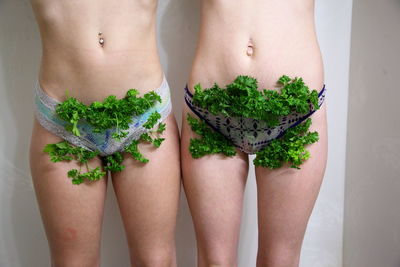 Midsection of female friends with cilantro in panty standing against wall