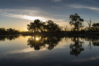 Silhouette trees by lake against sky during sunset