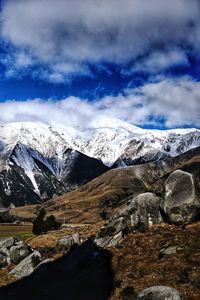 Scenic view of snowcapped mountains against sky