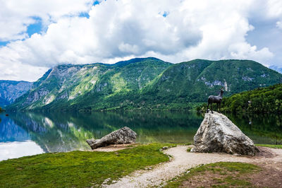 Scenic view of lake and mountains against sky