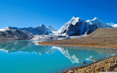 Panoramic view of lake and snowcapped mountains against blue sky