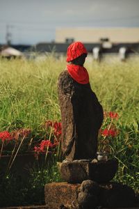 Rear view of man sitting on field