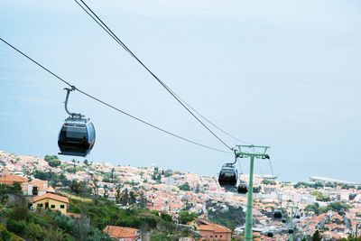 Overhead cable car in city against sky