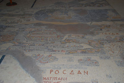 High angle view of text on floor