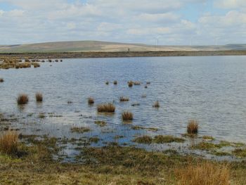 Scenic view of lake against cloudy sky