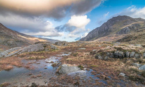 Scenic view of lake and mountains against sky