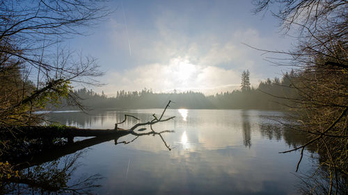 Scenic view of lake against sky during foggy weather