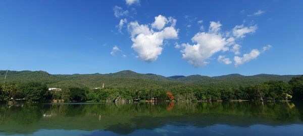 Scenic view of lake by trees against sky