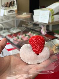 Close-up of hand holding strawberries