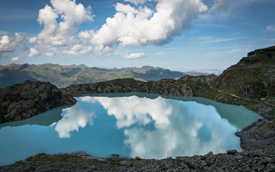 Panoramic view of lake and mountains against sky