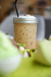 Close-up of drink served on table