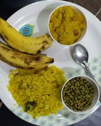 High angle view of breakfast served on table