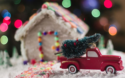 Close-up of christmas decoration on tree at night