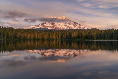 Scenic view of lake by mountains against sky during sunset