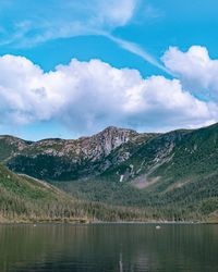 Scenic view of lake by mountains against sky