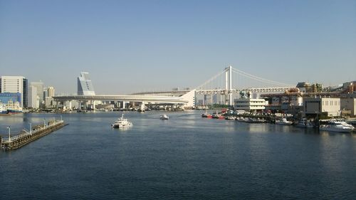 Boats in river against clear sky