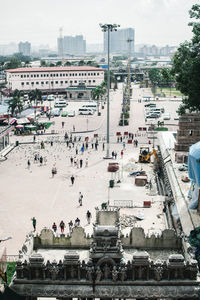 High angle view of people on street in city