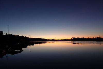 Scenic view of lake against clear sky during sunset