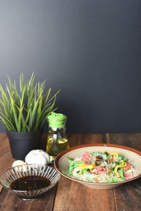 Close-up of meal served on table