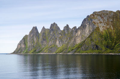 Scenic view of sea by trees against sky