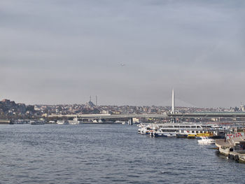 View of bridge over river with cityscape in background