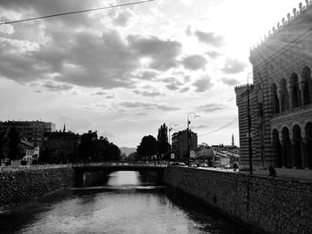 Bridge over river with buildings in background