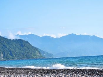 Scenic view of sea and mountains against sky