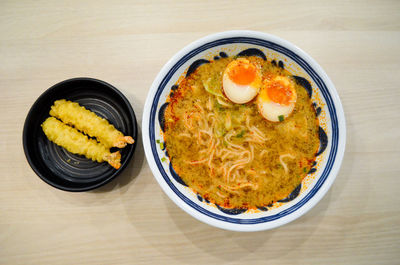 High angle view of breakfast served on table