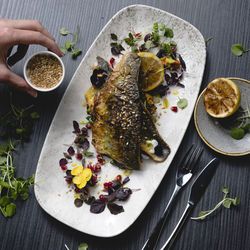 High angle view of meal served on table