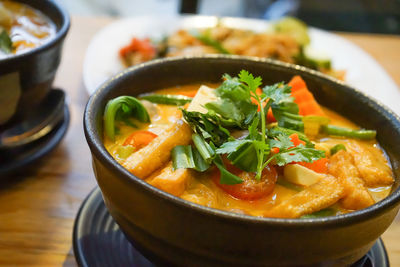 High angle view of soup in bowl on table