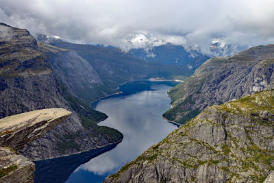 Panoramic view of lake and mountains against sky