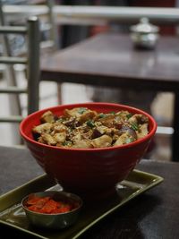 Close-up of soup in bowl on table