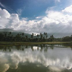 Scenic view of calm lake against cloudy sky