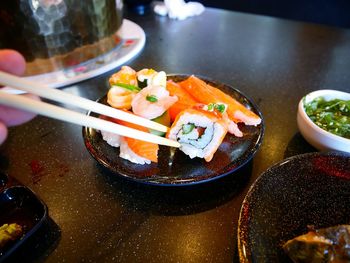 High angle view of food in plate on table