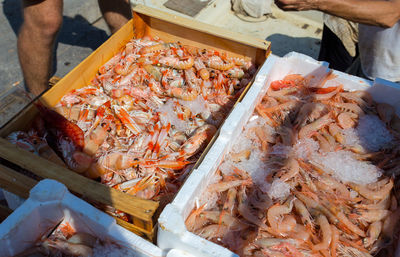 High angle view of fish for sale in market