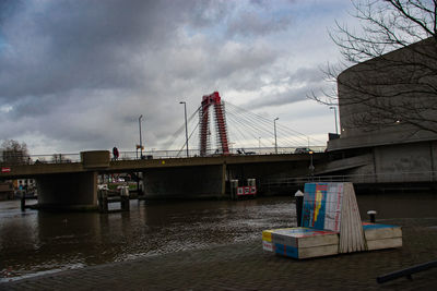 View of bridge over river against cloudy sky