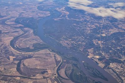 Mississippi river aerial airplane views arkansas. winding river cities united states of america