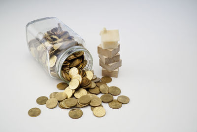 Close-up of coins on white background