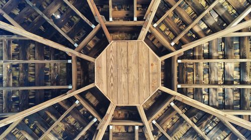 Directly below shot of wooden gazebo at park