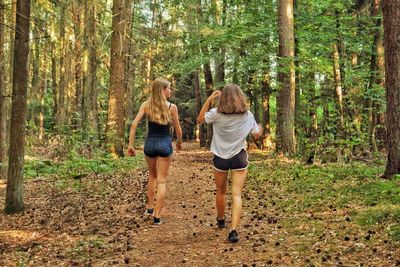 Rear view of women walking in forest