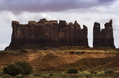 Rock formations on landscape against cloudy sky