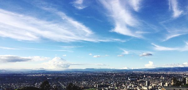 Panoramic view of cityscape against blue sky