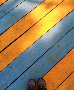 Low section of person wearing sports shoes standing on floorboard